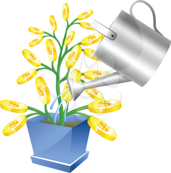 Royalty Free Clipart Image of a Watering Can and a Money Tree