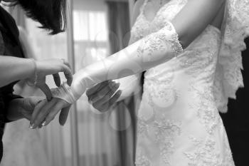Friends help the bride to wear a glove. the bride's hand in a glove