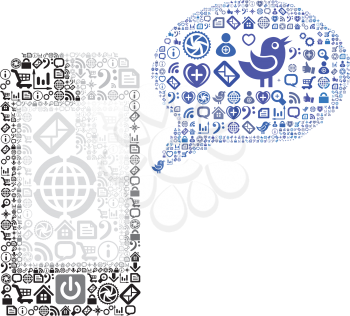 Icon group as speech bubble cloud and mobile phone. Vector illustration