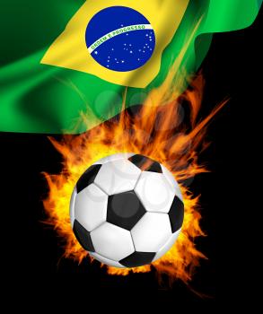 Hot soccer ball in fires flame, national flag of Brasil
