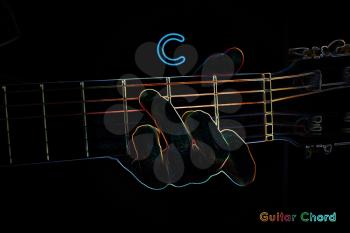 Guitar chord on a dark background, stylized illustration of an X-ray. C chord