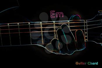 Guitar chord on a dark background, stylized illustration of an X-ray. Em chord