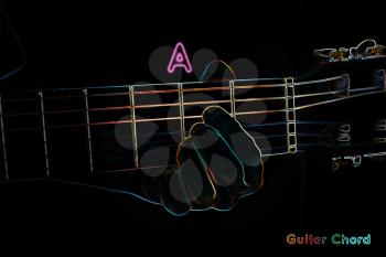 Guitar chord on a dark background, stylized illustration of an X-ray. A chord