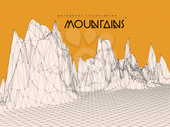 Wireframe mesh polygonal surface. Mountains with connected lines and dots. Vector illustration