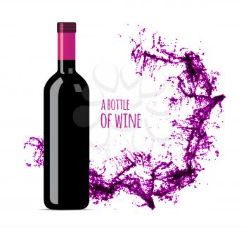 Red wine splash with bottle. Vector illsustration on white background