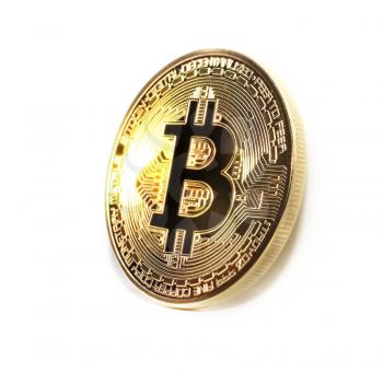 Bitcoin coin photo close-up. Crypto currency, blockchain technology on white background