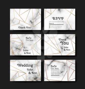 Series of invitation wedding illustrations in art deco style. Geometric golden lines on marble background. Vector illustration