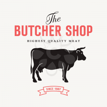 Vintage vector illustration with silhouette of cow for butcher shop and Farm Market