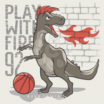 Dinosaur playing basketball. Vector illustration of a tyrannosaur playing a ball. Kids T-shirt graphics on the theme of sport. Inspirational motivational poster