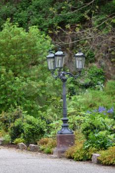 Beautiful classic iron lamppost of three lamps near the sidewalk against the background of bushes and trees