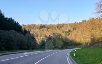 Spring landscape with a road between trees, sunny day and blue sky in the German forest Schwarzwald