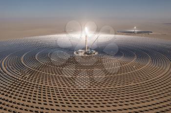 Photovoltaic power generation, solar Thermal Power Station. Shot in Dunhuang, China.