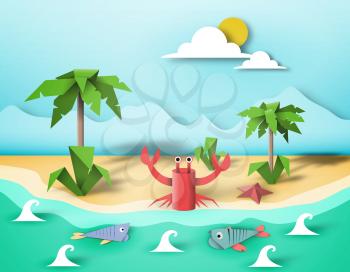 Paper Origami Fish, Crab, Creative Elements, Artistic Summer Composition, Cut Landscape World, Amazing Made Template with Style Symbols for Banner, Card, Poster, Eps10 Vector Illustration - Vector