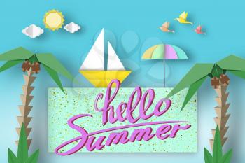 Hello Summer Cute Origami Paper Symbols, Sign, Elements with Slogan Illustrate the Greeting of the Fun Summertime Season. Style Background, Banner, Card, Poster. Vector Illustrations Art Design.