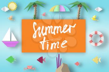Summer Time Art Paper Origami Abstract Concept, Applique Scene with Slogan and Cutout Elements. Creative Cut Template for Season Unusual Card, Poster, Banner. Vector Illustration Art Design.