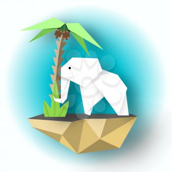 Paper White Elephant with Palms on a Flying Island, Origami Style, Elegant Decorative Background, isolated Objects, 3D Cut Paper Elements, Vector Illustration Art Design