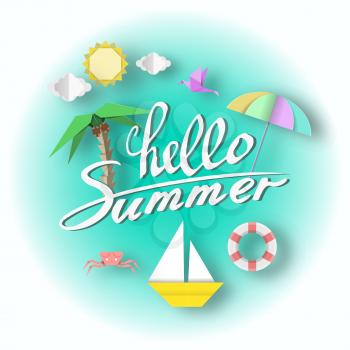 Hello Summer Contemporary Paper Art Banner, Origami Unusual Elegant Elements with Text, Decorative Stylish Background, 3D Cut Paper Objects, Vector Illustration Art Design