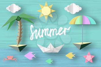 Summer Paper Applique of Symbols, Sign and Objects with Text illustrate the Greeting of the Summertime. Sun Background. Art Template for Banner, Card, Logo, Poster, Label. Design Vector Illustrations.