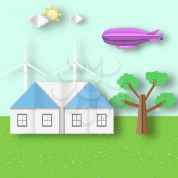 Paper Origami Landscape Ecology Environment and Conservation. Cut Backdrop. Concept House, Wind Mill, Airship, Tree, Cloud, Sun. Cutout Trend, Papercut Style. Vector Graphics Illustrations Art Design.