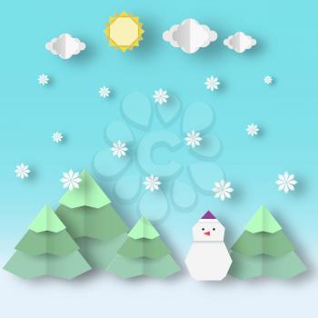 Christmas landscape with snowman and firs clipart in the style of origami paper reveal this image is a vector illustration