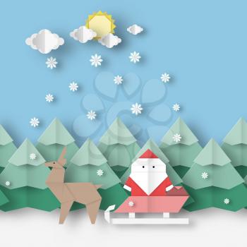 Card with Santa Claus and deer on Christmas landscape this image is a vector illustration