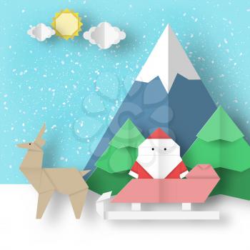 Christmas origami landscape. Holiday folded scene paper Santa Claus and reindeer is coming for Xmas. Vector winter background.