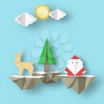 Paper Origami Christmas nature scene with cutout Santa Claus, deer and tree on polygonal soaring islands. Crafted abstract Xmas concept cut fragments for templates. Vector Illustrations Art Design.