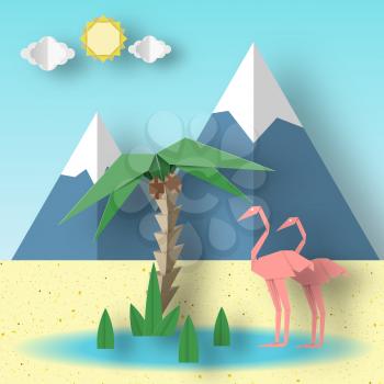 Summer Paper Origami Concept with Flamingo, Palm, Sun, Sky, Mountain. Papercut Seasonal Poster. Abstract Scene with Symbols, Sign, Elements. Vector Illustrations Art Design Background.