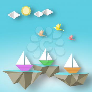 Paper Origami Abstract Concept, Applique Scene with Cut Birds, Yacht and Fly Sea Island. Unusual Artwork. Cut out Template with Elements, Symbols for Card. Vector Illustrations Art Design.