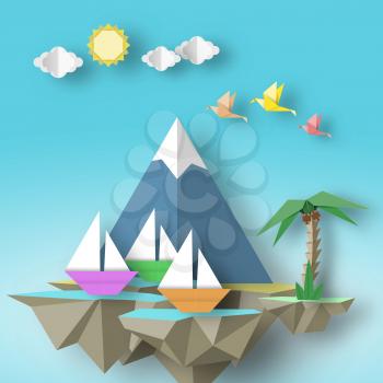 Paper Origami Abstract Concept, Applique Scene with Cut Birds, Yacht, Mountain, Palm and Fly Island. Artistic Artwork. Cutout Template with Elements, Symbols for Card. Vector Illustrations Art Design.