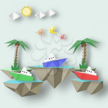 Paper Origami Abstract Concept, Applique Scene with Cut Birds, Steamship, Palm and 3D Fly Island. Beautiful Artwork. Cutout Template with Elements, Symbols for Card. Vector Illustrations Art Design.