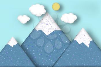 Applique with Cut Mountains, Clouds, Sun Style Paper Origami Craft World. Cutout Template with Concept Elements, Symbols. Modeling Landscape for Banner, Card, Poster. Vector Illustrations Art Design.