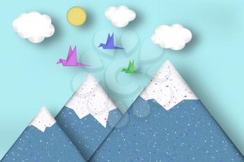 Applique Scene with Cut Birds, Mountains, Clouds, Sun Style Paper Origami Concept. Cutout Made Template with Elements, Symbols. Modeling Landscape for Card, Poster. Vector Illustrations Art Design.