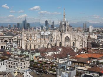 Aerial view of Duomo di Milano gothic cathedral church in Milan, Italy