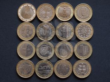 Euro coins currency from many different countries in the European Union