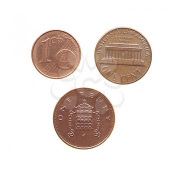 One Euro cent One Dollar cent One Penny coins