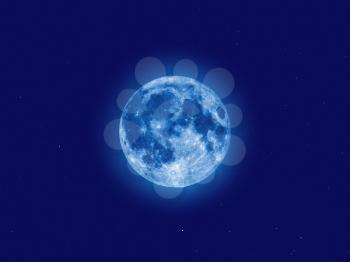 Full moon seen with an astronomical telescope, with starry blue sky