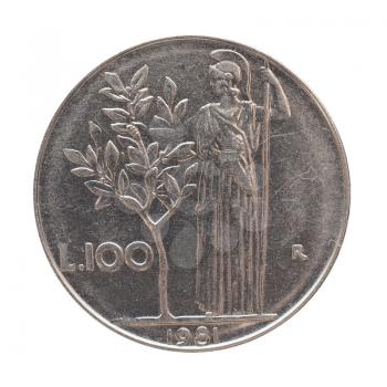Old Italian liras coins now withdrawn and replaced by Euro isolated over white background