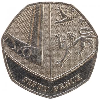 50 pence coin money (GBP), currency of United Kingdom isolated over white background