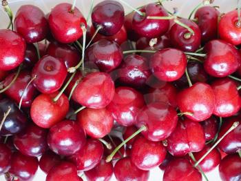 red cherries in a plastic basket on wooden table