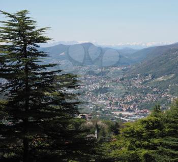 Aerial view of the city of Como, Italy seen from Brunate hill