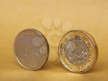 1 pound and 1 euro coin money over paper background