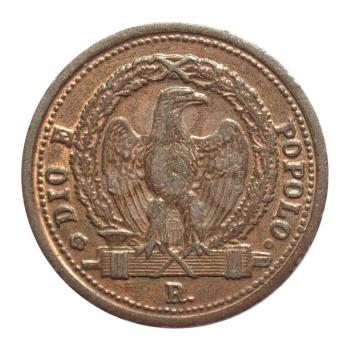 Close up of a vintage Italian 3 Baiocchi coin