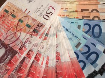 Euro and Pounds banknotes currency of European Union and United Kingdom