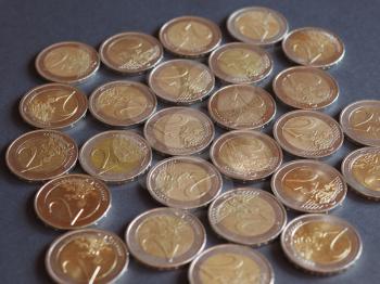 Two Euro coins money (EUR), currency of European Union