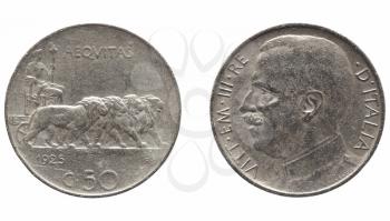 Old Italian Lira 50 cents coin with Victor Emmanuel III King and Emperor (Vittorio Emanuele III Re e Imperatore in Italian), circa 1925 isolated over white background