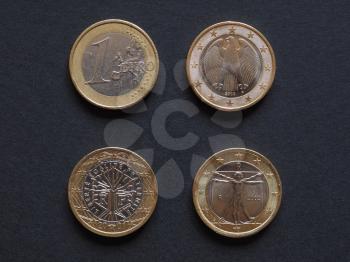 Euro coins currency from many different countries in the European Union including Germany France Italy, plus the common side of the coin