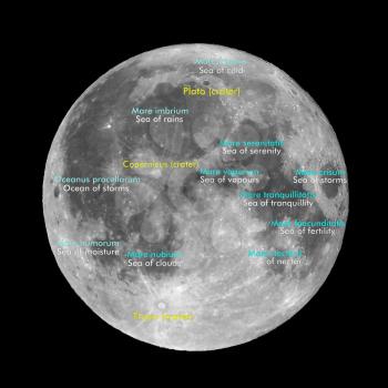 Moon atlas with seas and craters labels - Latin and English names