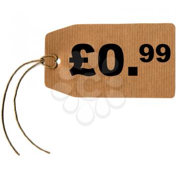 Price tag with string isolated over white, 0.99 pound pence