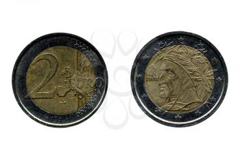 Two Euro coin currency of the European Union with common side and Italian side with poet Dante Alighieri